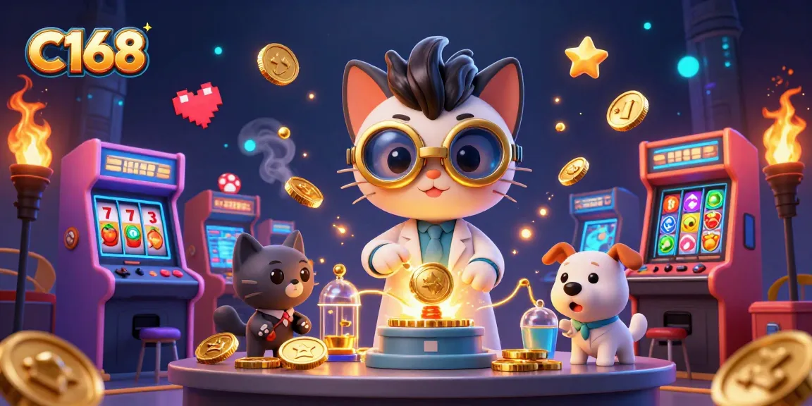 C168 slots adventure with mad scientist cat and assistant dog creating gold coins.