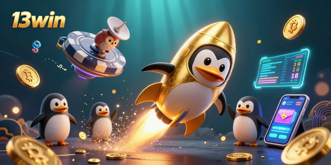 Play thrilling games at 13win with a golden penguin and casino elements in a vibrant space.