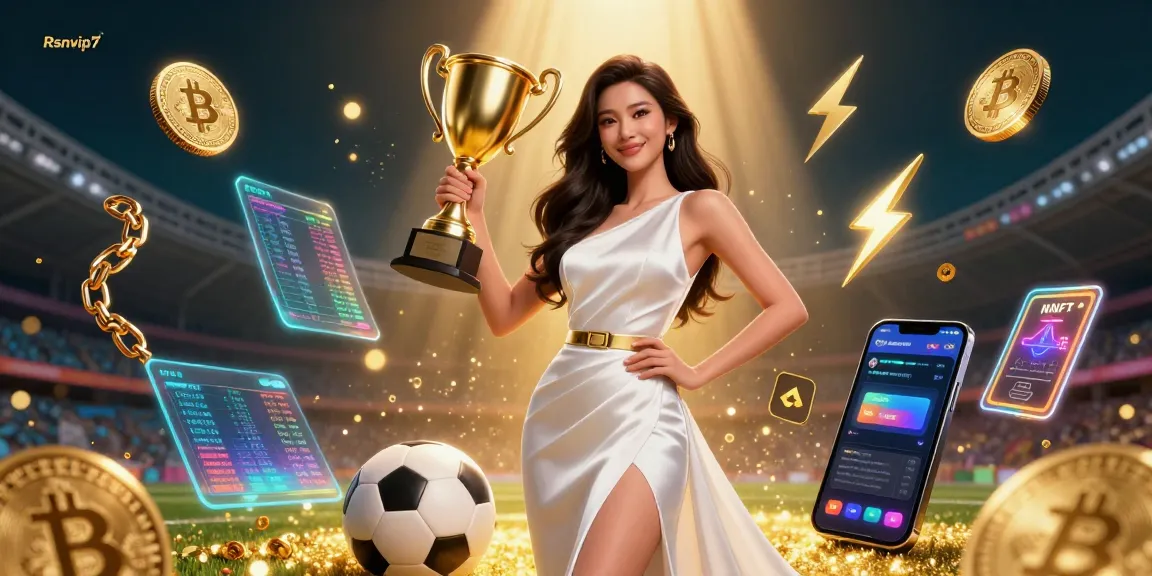 Rasakan Rsnvip7 dengan seorang wanita Asia yang meraih kemenangan dalam gaun mewah, dikelilingi oleh simbol taruhan olahraga dan crypto.