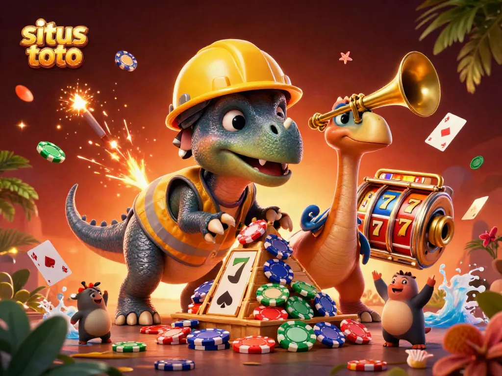 Situs toto excitement with a cartoon triceratops building poker chips surrounded by dynamic casino elements.