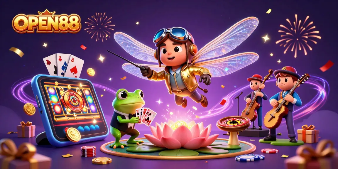 Experience thrilling wins at OPEN88 with dynamic gaming action featuring vibrant characters and casino elements.