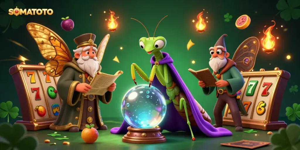 SOMATOTO brings fortune with a mystical scene featuring cartoon fortune teller and symbols of winning slots.