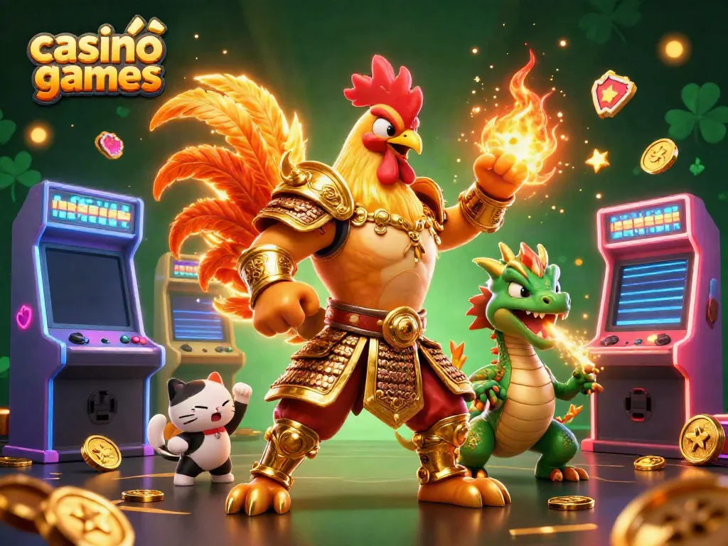 Engage in thrilling casino games with warrior-themed 3D characters in an action-packed illustration.