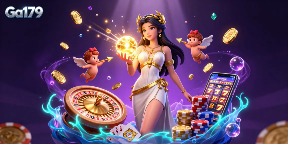Experience exciting gameplay at Ga179 with a stunning goddess, Cupid cherubs, and vibrant casino elements.