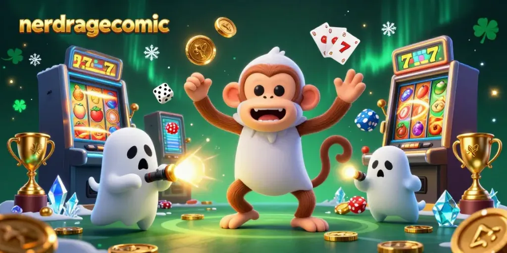 Gambar komik nerdragecomic dengan karakter yang berinteraksi di kasino sambil bermain mesin slot.