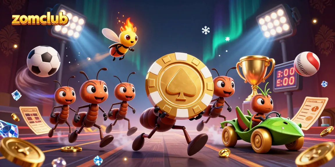 Zomclub showcases a thrilling heist as ants transport a giant poker chip and a firefly lookout guides their escape, capturing a vibrant gambling adventure.