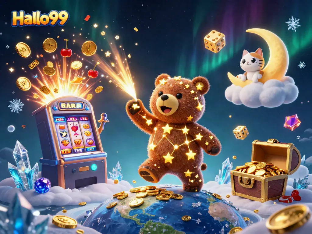 Engage with Halo99’s dynamic casino scene featuring a constellation bear and jackpot symbols.