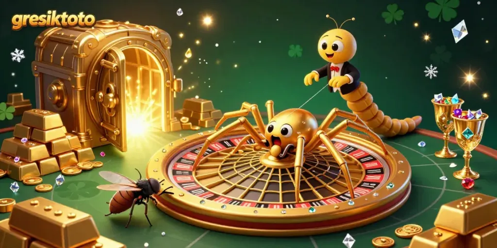 Watch as the golden spider spins the gresiktoto roulette wheel while treasures glow around a dynamic casino scene.