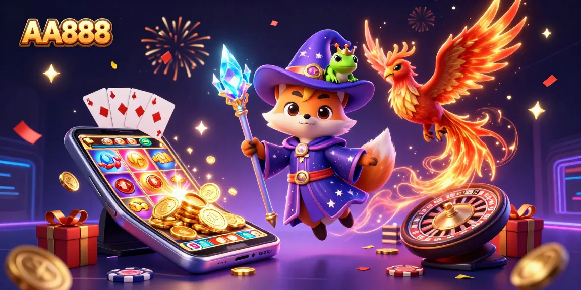 Experience the excitement of AA888 with vibrant slots and dynamic casino elements in a fantasy scene.