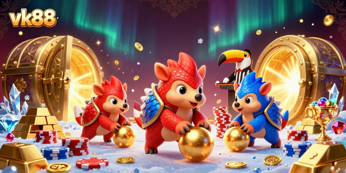 vk88 showcases a vibrant gaming scene with rival pangolins in an exciting casino showdown, featuring confetti and golden treasures.