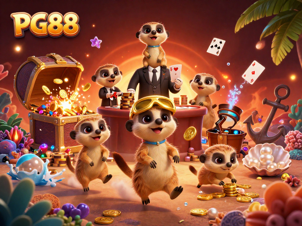 Experience thrilling gameplay with PG88 slots and jackpot excitement captured in a lively meerkat casino scene.