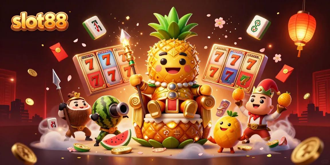 Menangkan jackpot dengan slot88, ilustrasi kasino dengan raja nanas emas dan elemen bertema di pantai.
