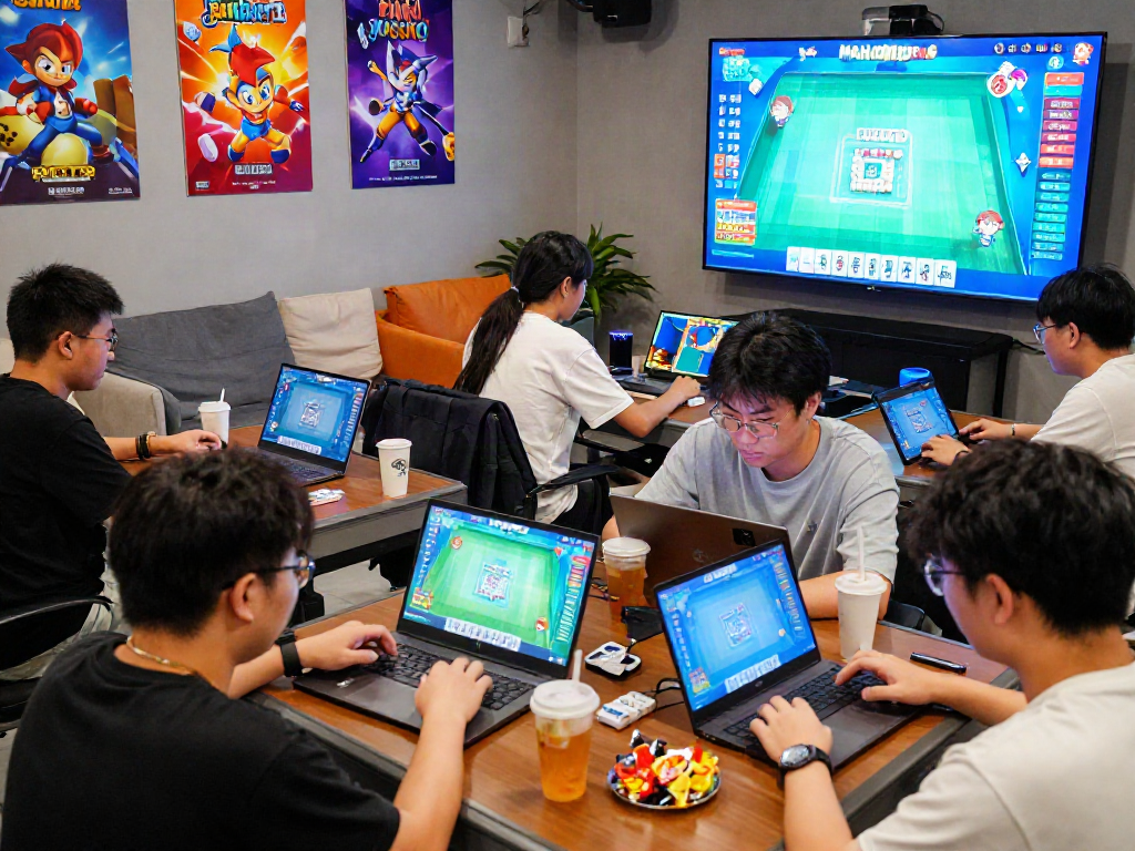 Exciting group of players enjoying MAHJONGJP88 Official game in vibrant gaming hub, highlighting competitive atmosphere and dynamic engagement.