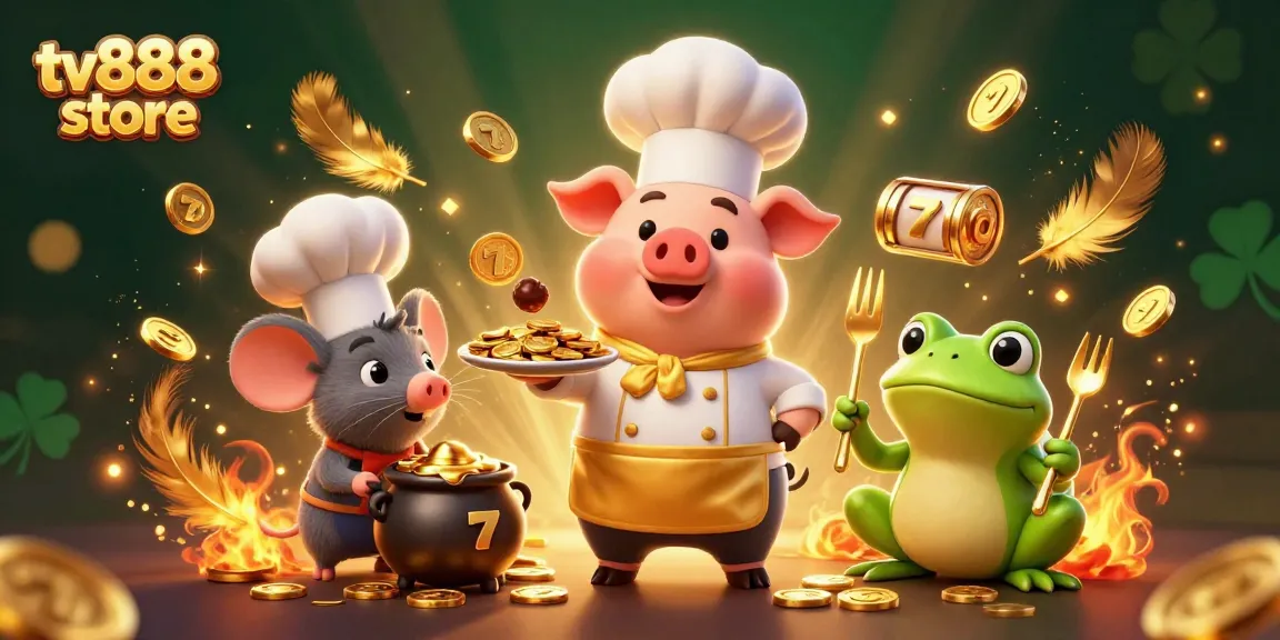 Experience thrilling gaming at tv888 store with vibrant characters serving gold coin rewards in a dynamic casino scene.
