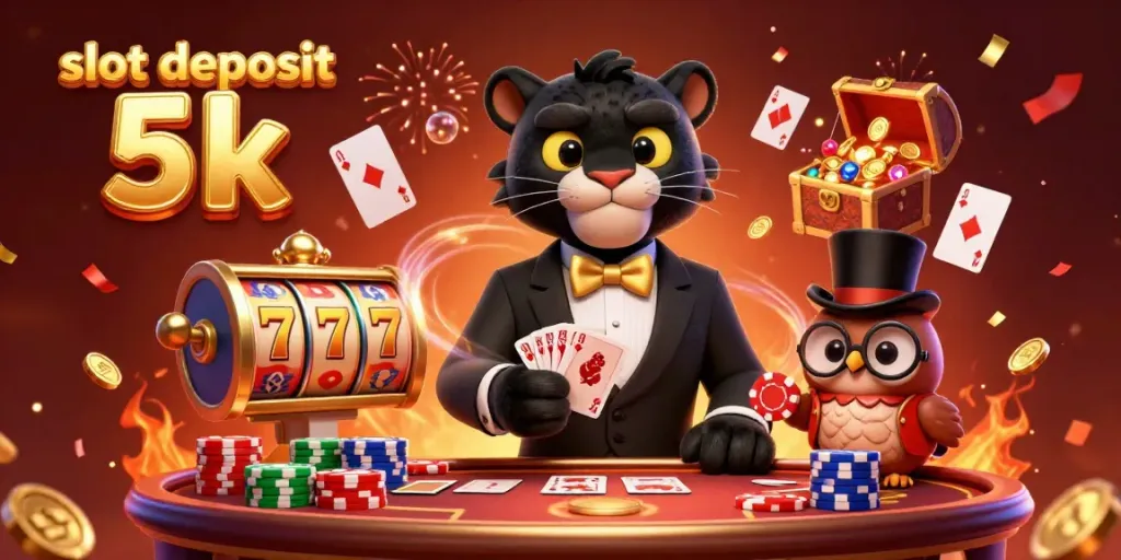 Slot deposit 5k dengan panther dan owl dalam suasana kasino yang meriah.