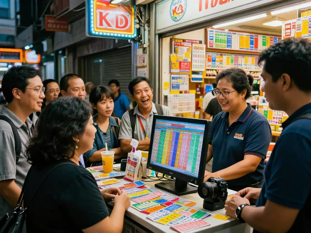 Kegiatan di toko lotere dengan hasil Toto Macau 4D yang ditampilkan di layar, suasana ceria dan ramai.