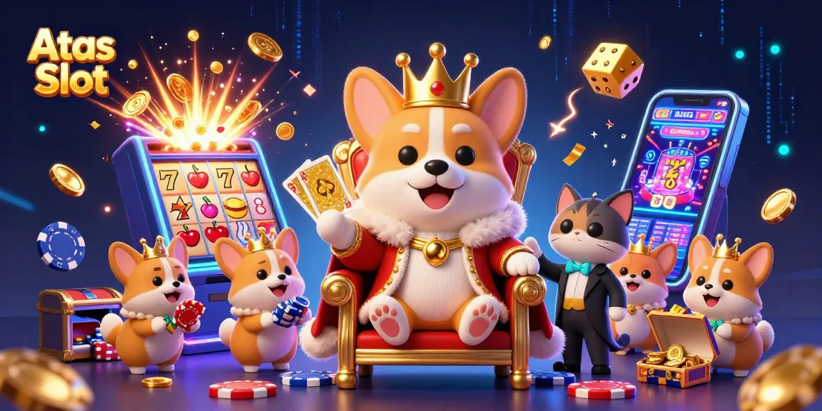 Atas Slot showcases a royal corgi on a poker chip throne amidst exploding slot machines and vibrant casino elements.