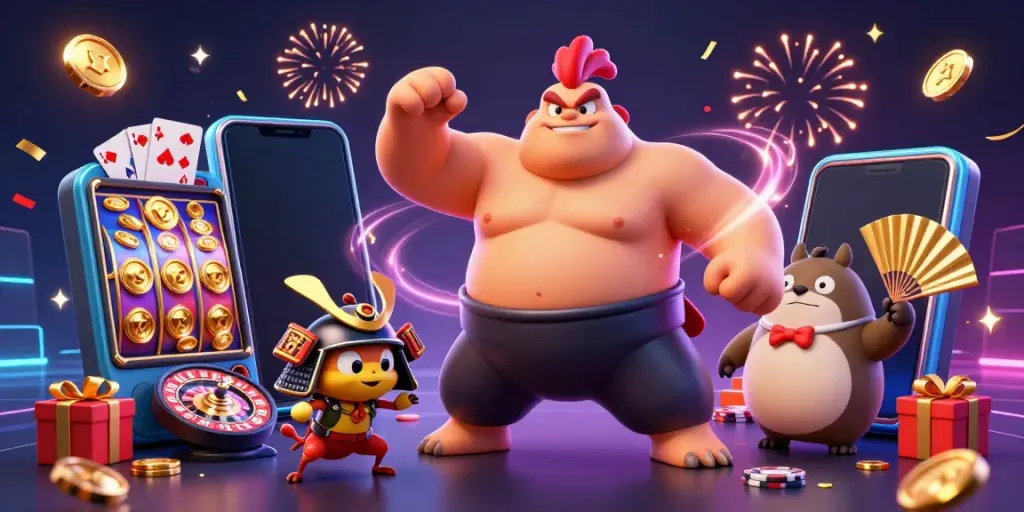 Experience thrilling online gaming with sun-themed 3D characters enjoying slot games and vibrant celebrations.