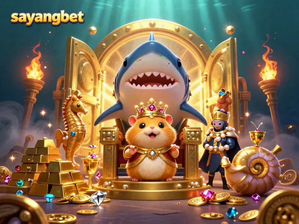 Experience the thrill with sayangbet's vibrant 3D casino illustration featuring the golden hamster king and treasure elements.