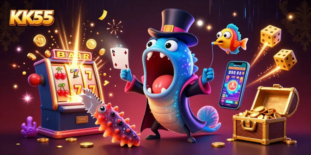 KK55 showcases an enchanting 3D casino scene with vibrant characters and dynamic game elements.