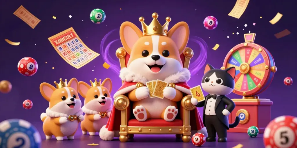 Experience the thrill of mm88fc with royal corgi characters amidst vibrant lottery action.