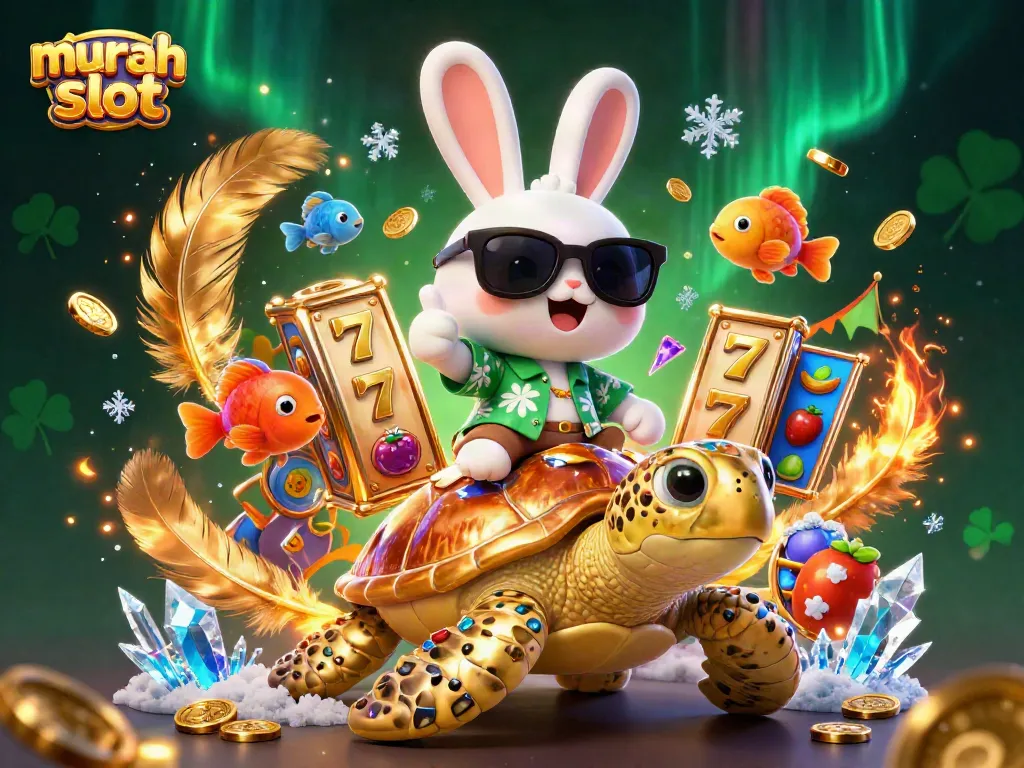 Perman permainan murah slot dengan kelinci bahagia dan penyu emas mengelilingi koin emas.