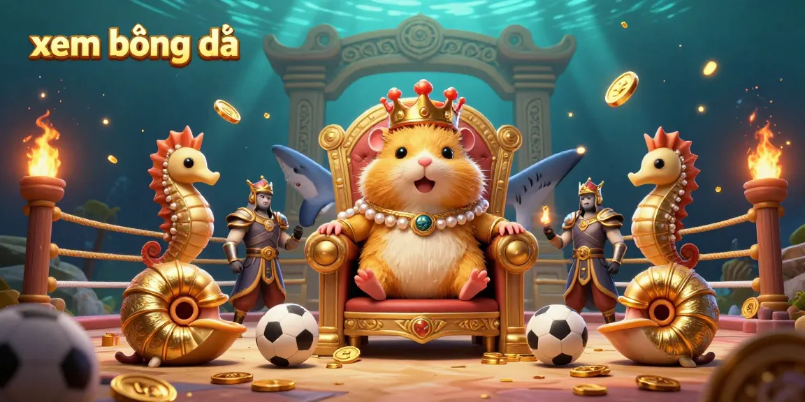 xem bóng đá with stunning visuals of a fierce golden hamster king, seahorse guards, and dynamic betting elements in an engaging underwater scene.