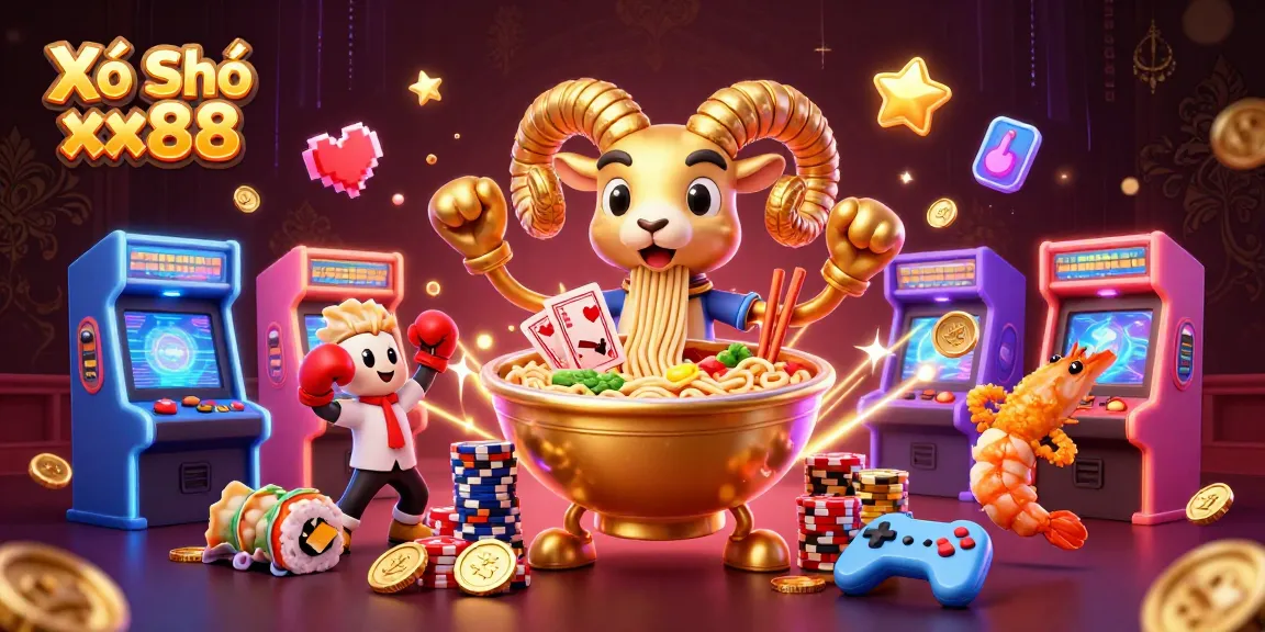 Xổ Số xx88 presents an engaging animated scene with a golden ramen bowl dealing cards amid vibrant gaming elements.
