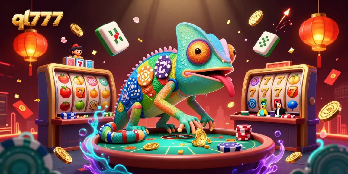 Engage in exciting casino experiences with ql777 as a vibrant chameleon mascot amidst dynamic slot elements.