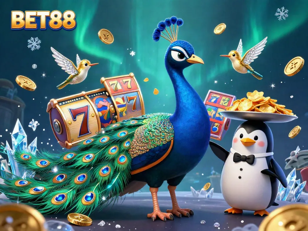 Experience the excitement of BET88 with vibrant casino characters and slot reels in action.