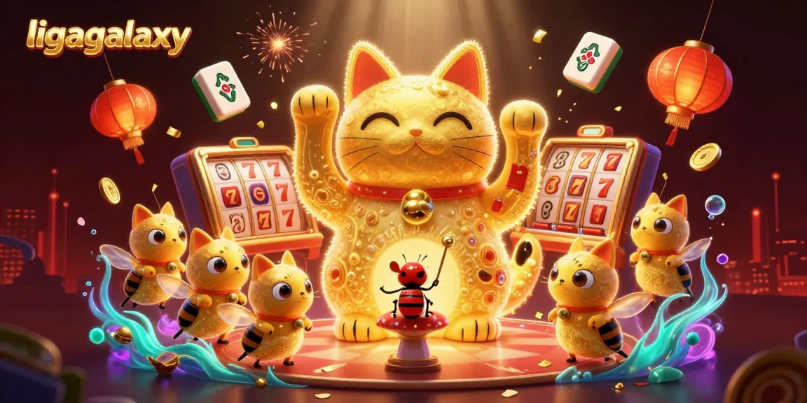 Ilustrasi animasi 3D ligagalaxy menampilkan kucing keberuntungan dari kunang-kunang berkilauan di kasino.