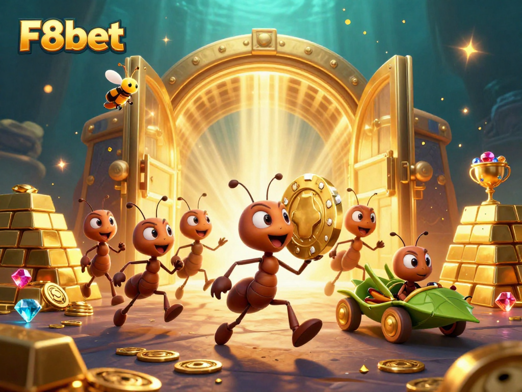 F8bet ants plotting a heist with a golden poker chip in a dynamic 3D casino scene