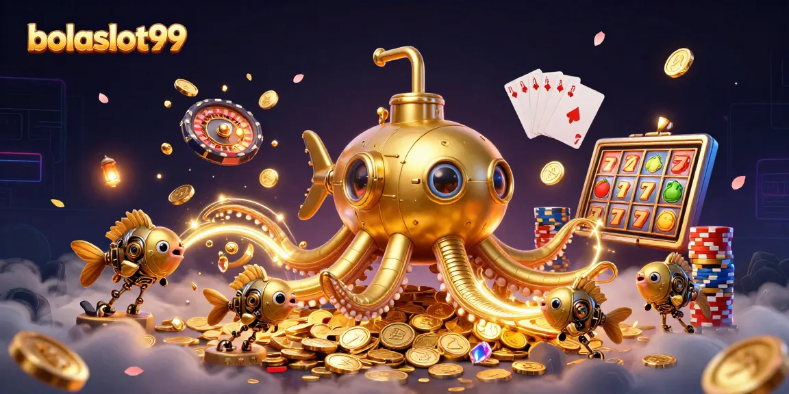 Immerse yourself in the exciting world of bolaslot99 with a vibrant, golden kraken submarine amidst coins and casino elements.