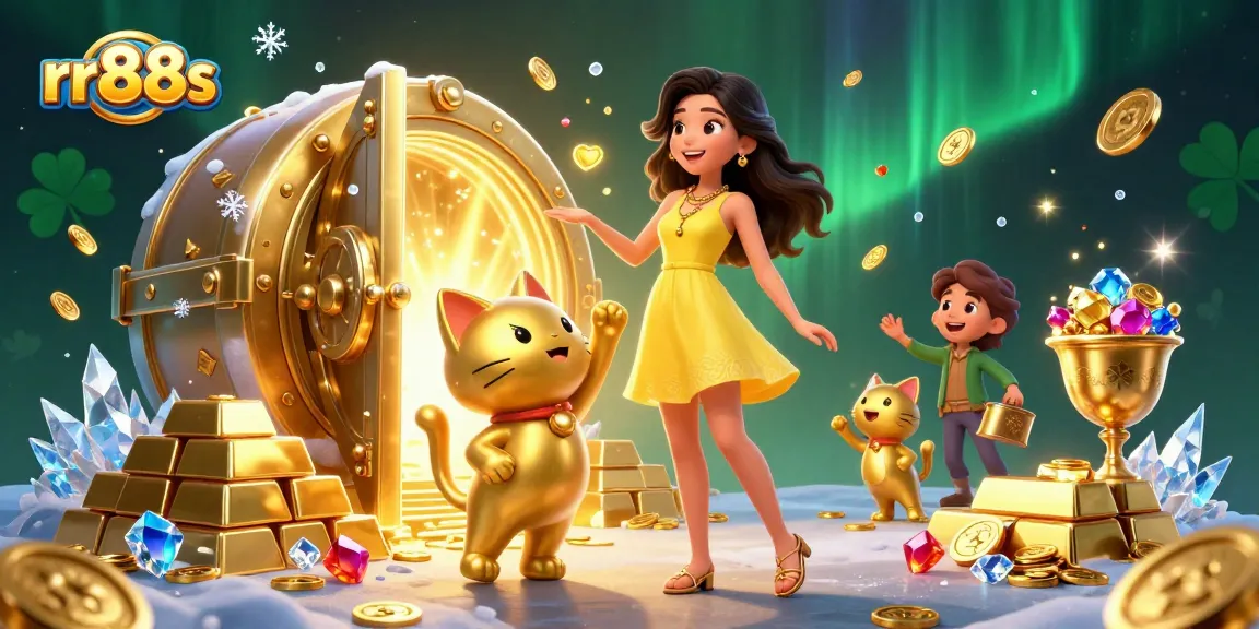 Win big at rr88s with a joyful Asian woman and a lucky golden cat, surrounded by sparkling treasures.
