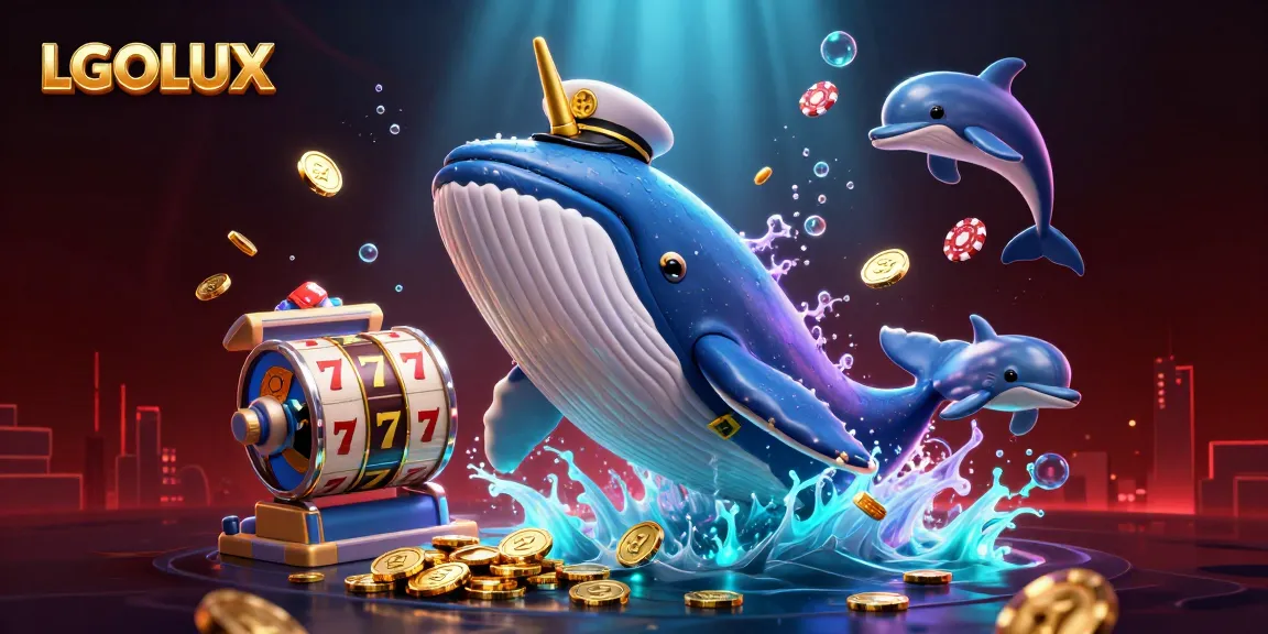 Exciting casino scene showcasing LGOLUX, featuring a cartoon whale, narwhal, and dolphins amidst slot reels and sparkling coins.