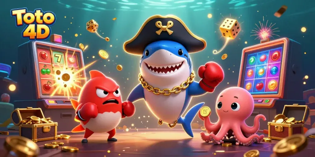 Memenangkan Toto 4D dengan simbol jackpot slot dan karakter lucu dalam ilustrasi 3D