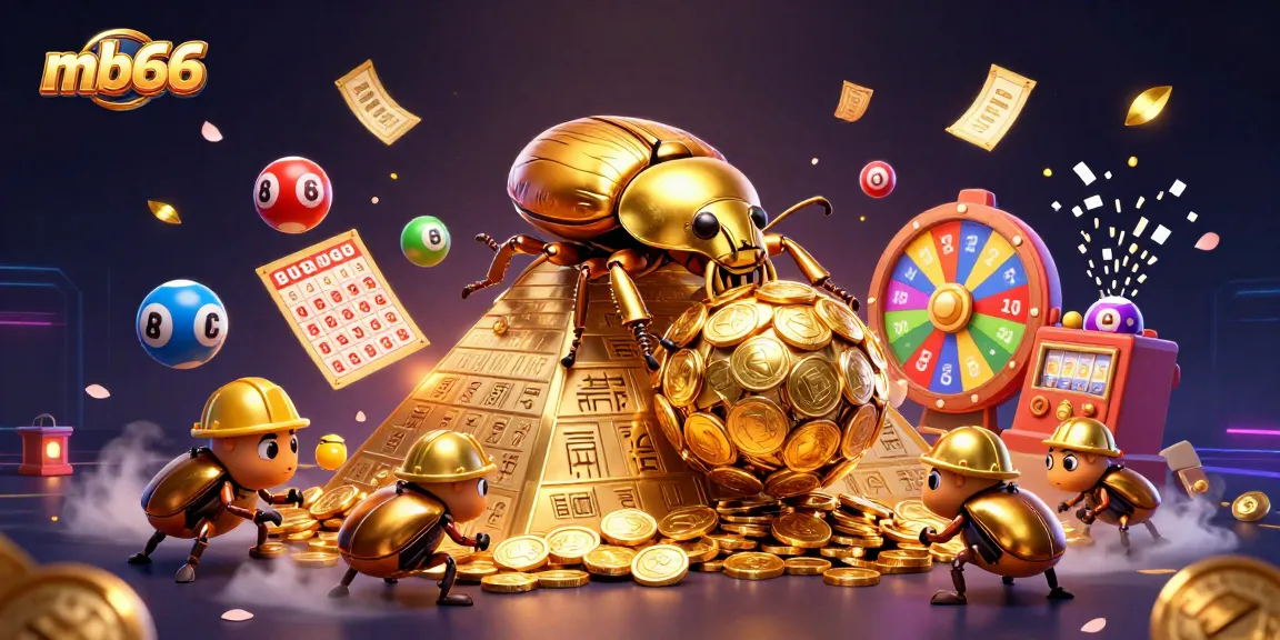 Experience the excitement of mb66 as a golden beetle rolls coins in a vibrant casino-themed scene.