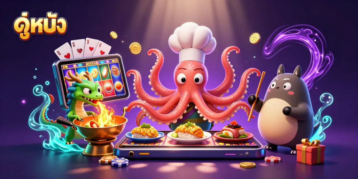 Engage in ดูหนัง as a cartoon octopus chef whips up golden dishes amidst colorful gambling elements.