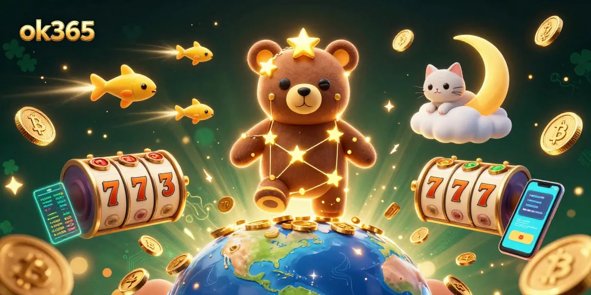 Engage with ok365's exciting slots as the constellation bear scoops up coins under a vibrant night sky.
