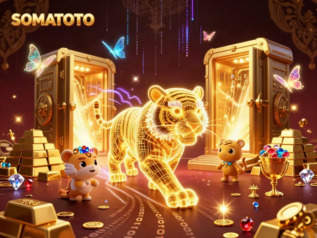 SOMATOTO showcases a golden tiger navigating a vibrant digital casino filled with treasures.
