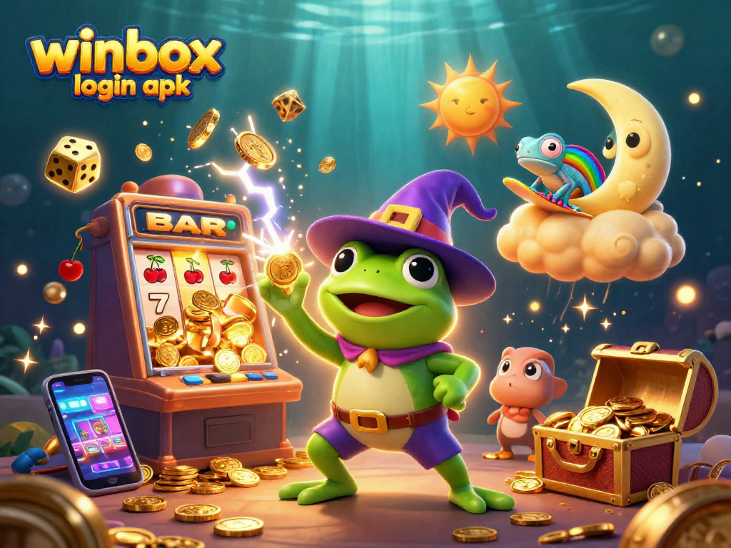 Experience the magic of winbox login apk with golden coins raining from a wizard frog and thrilling games!