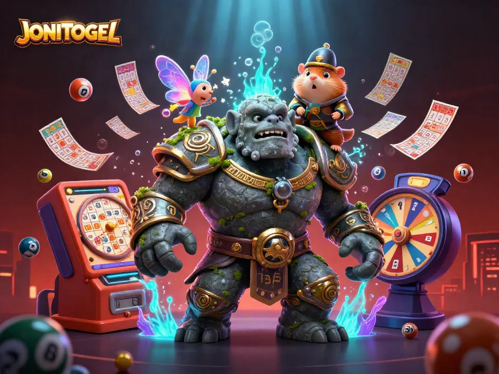 Experience JONITOGEL's magic where a golem guardian meets lottery excitement and fairy sparkle.