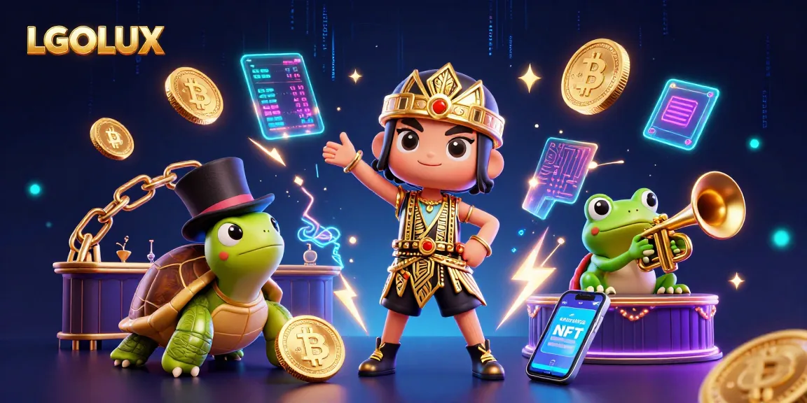 Engage with LGOLUX's thrilling gaming experience amidst vibrant crypto-themed visuals.