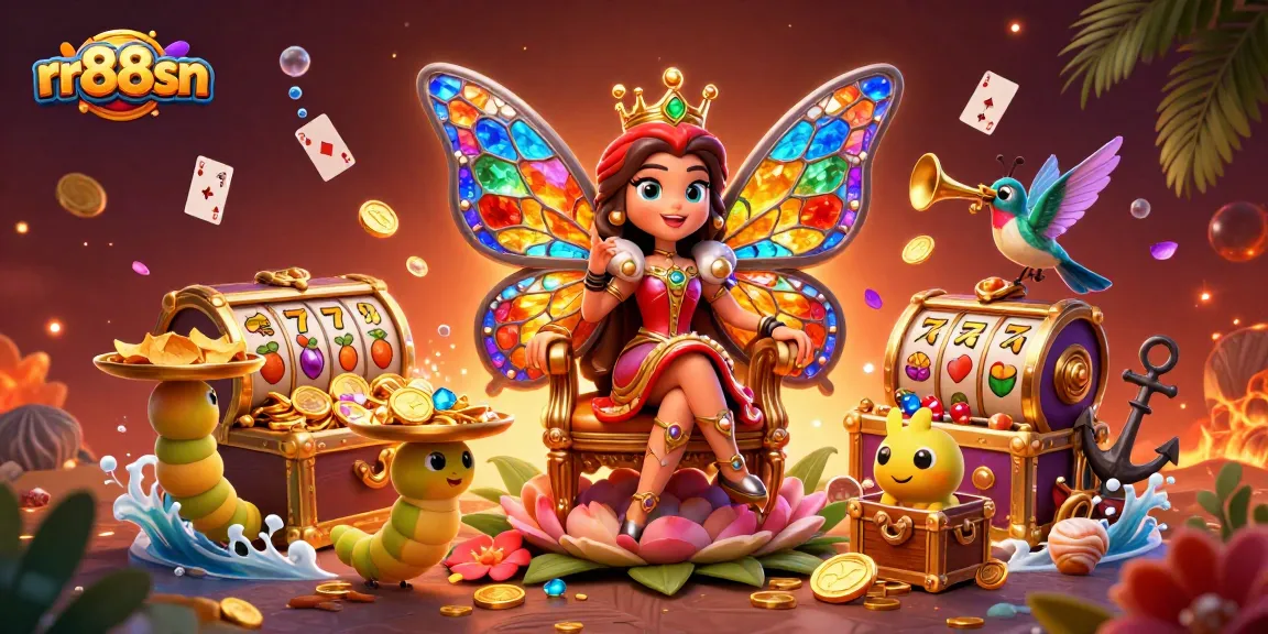 Experience thrill at rr88sn with a vibrant casino-themed illustration featuring slots, colorful gems, and engaging gameplay.