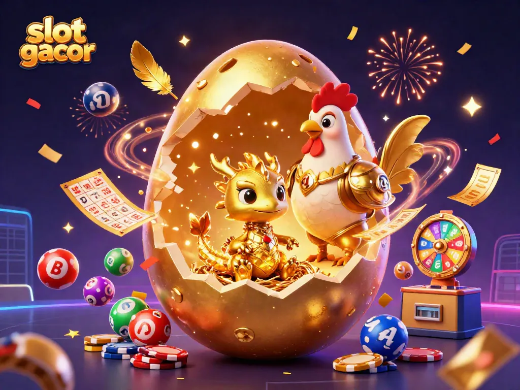 Merayakan permainan slot gacor yang menarik dengan elemen kasino meriah dan berwarna-warni.