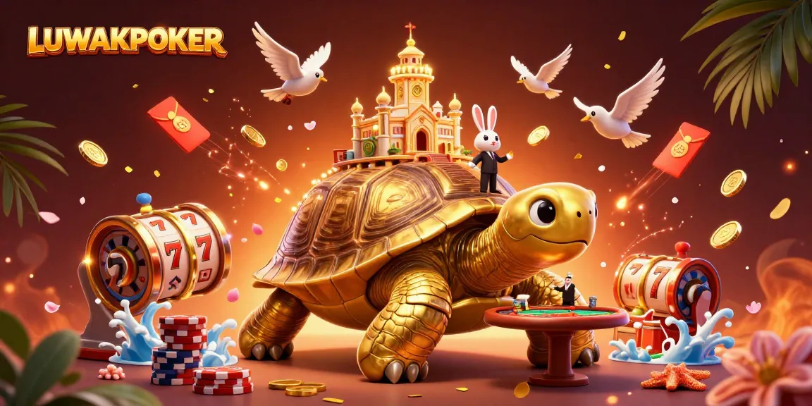 Win big at LUWAKPOKER with a golden tortoise casino scene showcasing vibrant gaming moments.