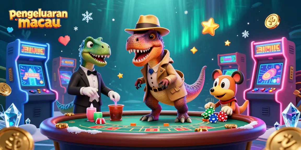 Ilustrasi 3D eksklusif pengeluaran Macau dengan velociraptor dan dino lainnya di meja perjudian.