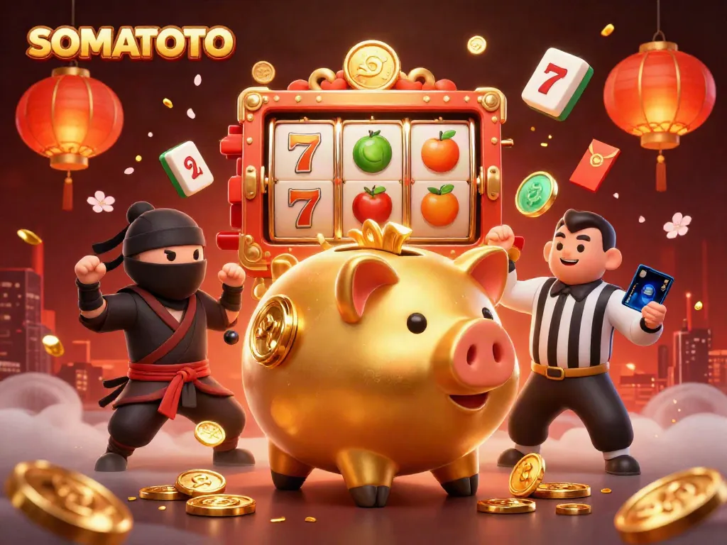SOMATOTO's thrilling slot experience illustrated with dynamic characters and festive elements in a vibrant casino scene.