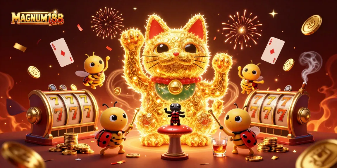 Experience MAGNUM188's dynamic world of slots with a golden lucky cat and vibrant casino elements.