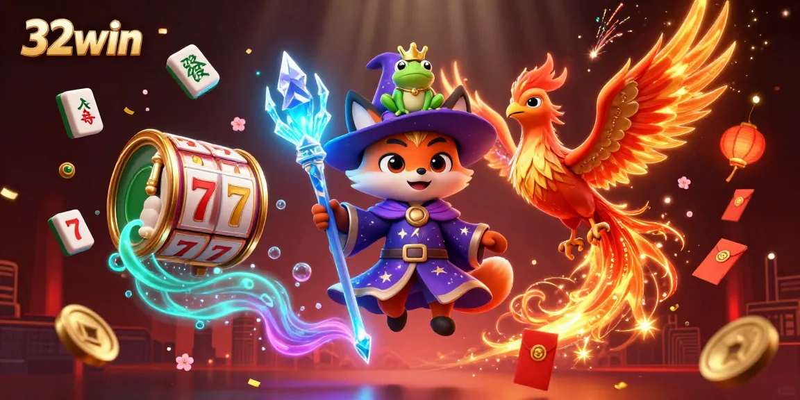 Bet big and win with 32win's rich 3D gaming scene showcasing magical characters and casino elements.